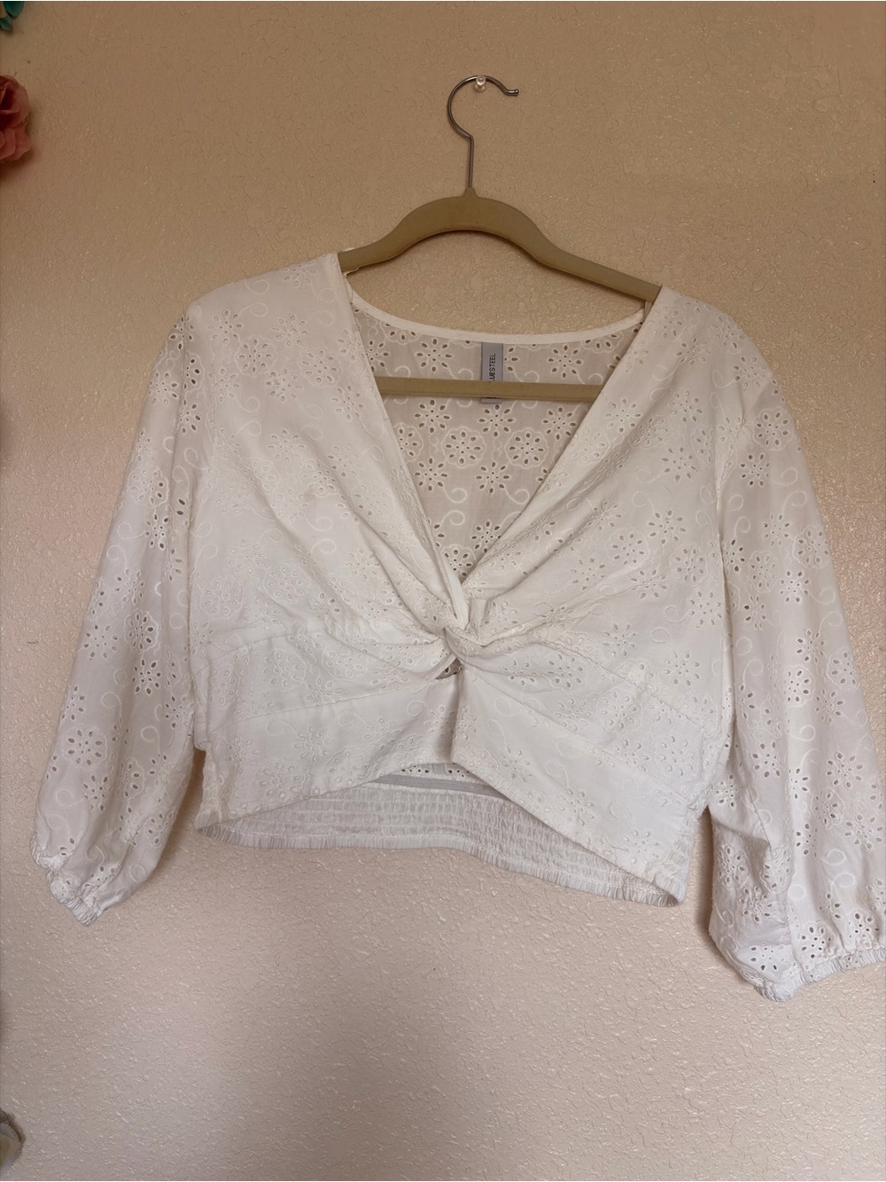 Women's White Eyelet Twist-Front Crop Top